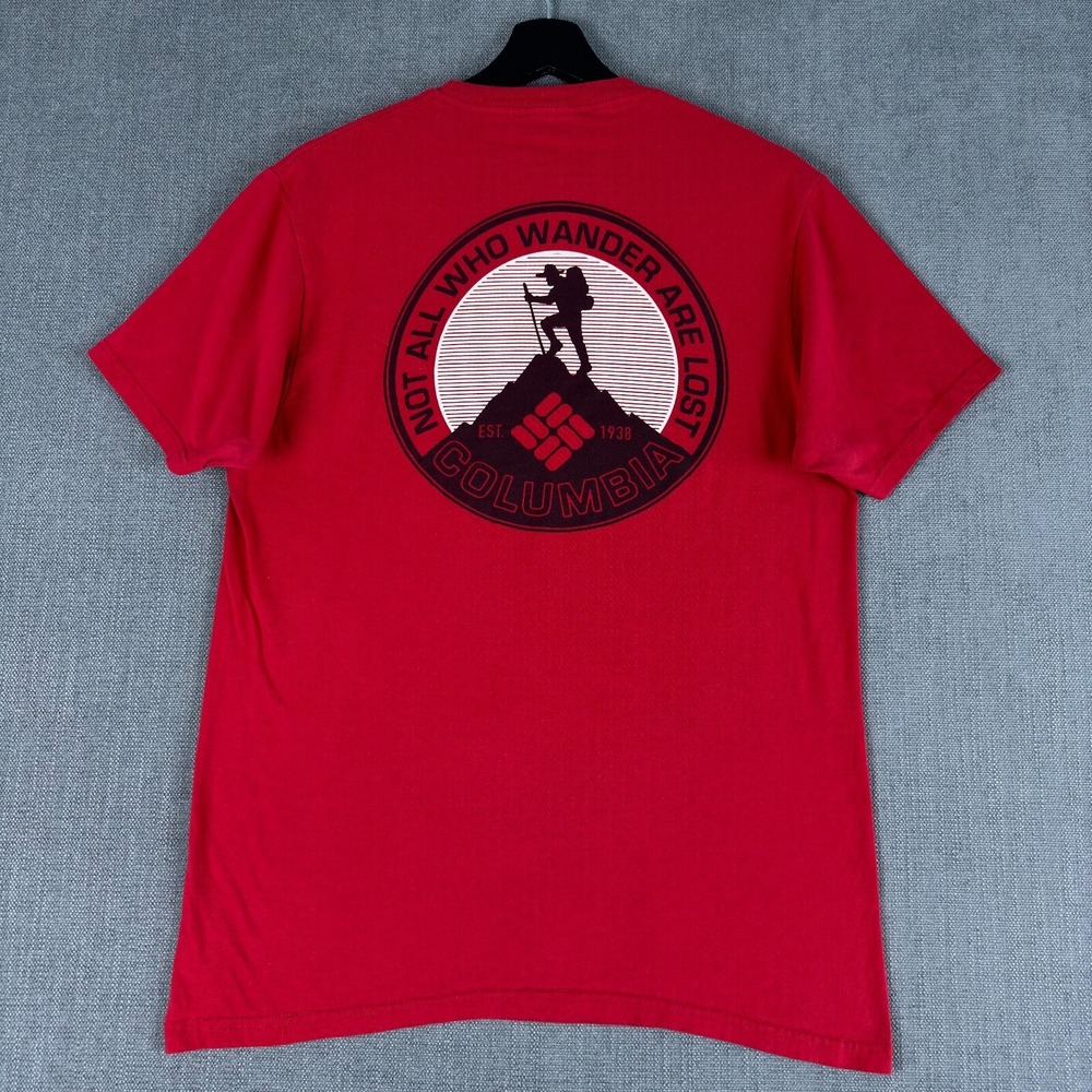 Columbia Shirt Mens M Red Not All Who Wander Are Lost Hiking Outdoor Mountain